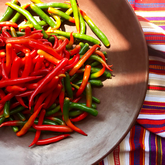 Red and green Mexican chili peppers on a burnished clay plate