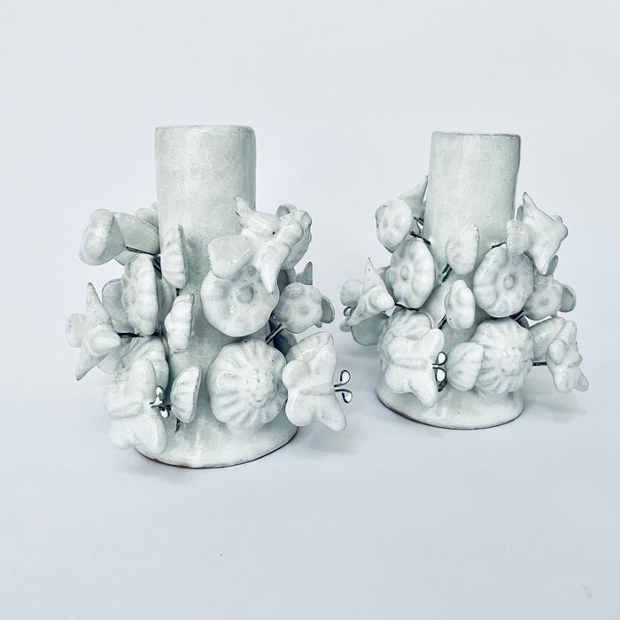 White Glazed Clay Candleholder Set - Short