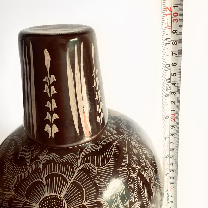 Clay Pitcher & Glass - Hand Painted - Dark Brown