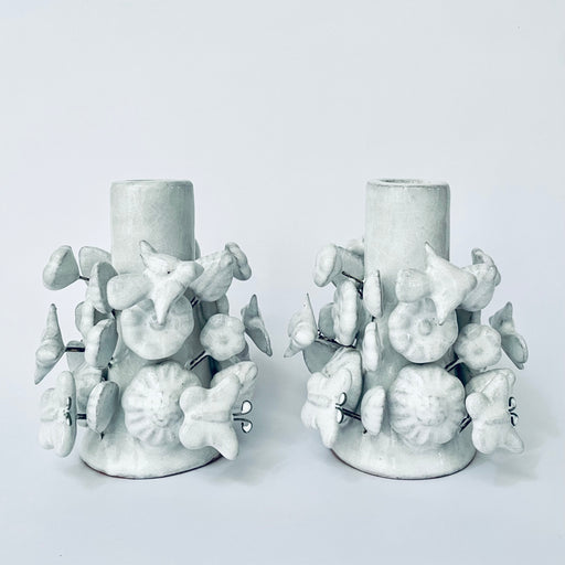 White Glazed Clay Candleholder Set - Short