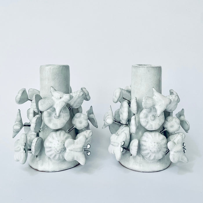 White Glazed Clay Candleholder Set - Short