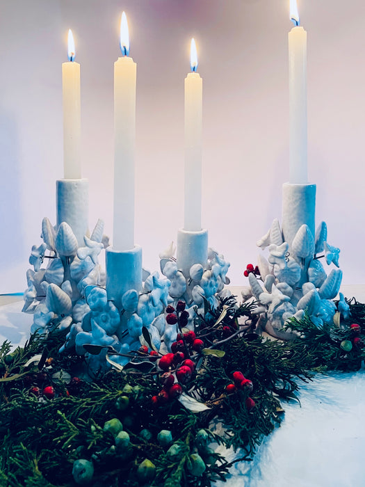 White Glazed Clay Candleholder Set - Short