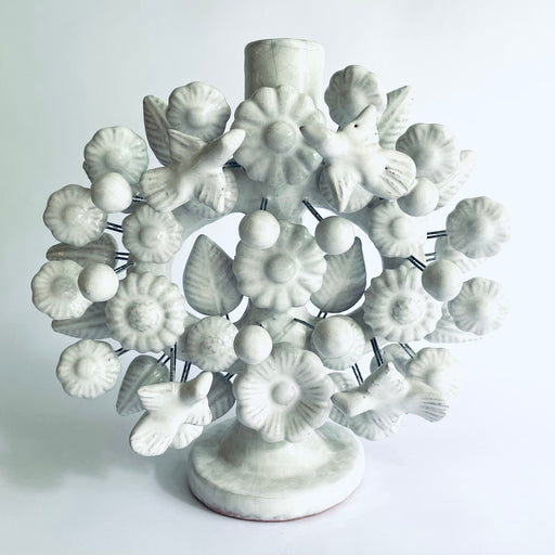 White Glazed Clay Tree of Life Candleholder