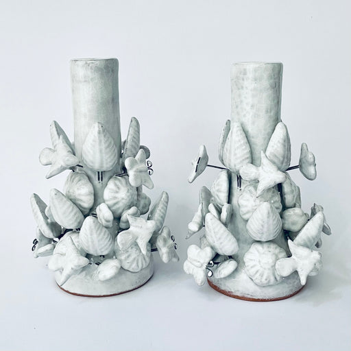 White Glazed Clay Candleholder Set - Tall