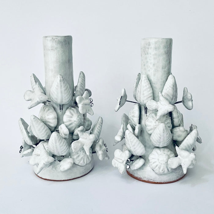 White Glazed Clay Candleholder Set - Tall