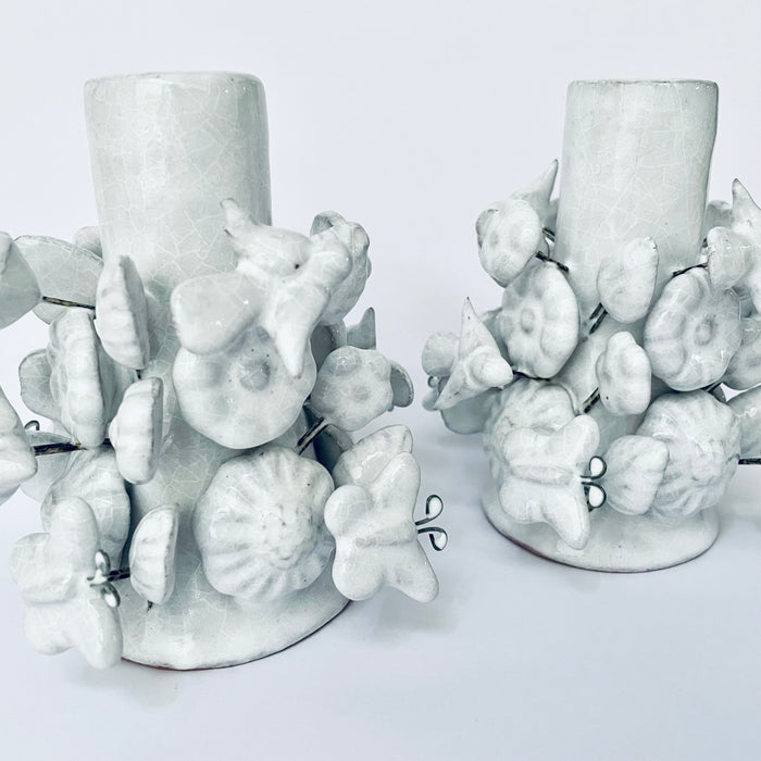 White Glazed Clay Candleholder Set - Short
