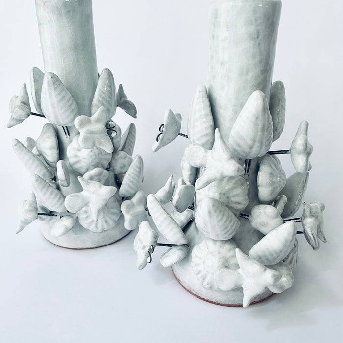 White Glazed Clay Candleholder Set - Tall