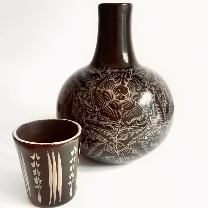Clay Pitcher & Glass - Hand Painted - Dark Brown