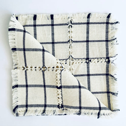 Pedal Loom Handwoven Cotton Napkins - Creamy White with Black Lines - Set of 4