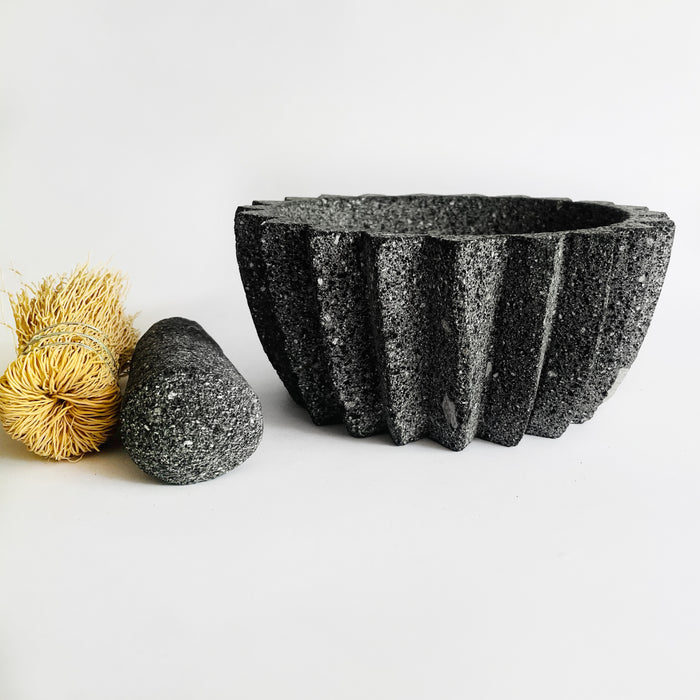 Volcanic Rock Mortar & Pestle - Molcajete - Barrel (Biznaga) Cactus - 8"