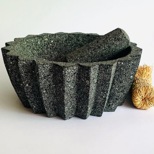 Volcanic Rock Mortar & Pestle - Molcajete - Barrel (Biznaga) Cactus - 10"