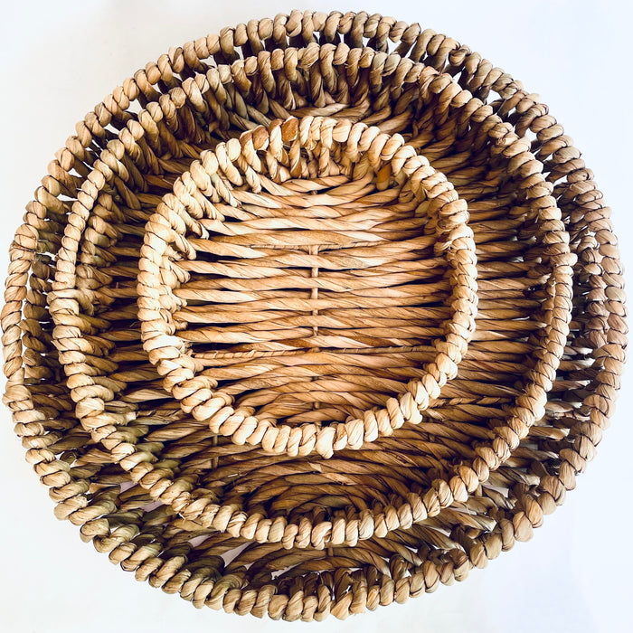Woven Round Bulrush Fiber Trays - Set of 3