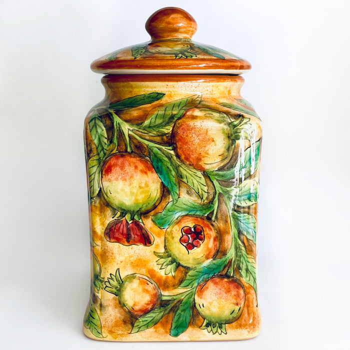 Hand-Painted Mayolica Cookie Jar - Yellow with Pomegranates