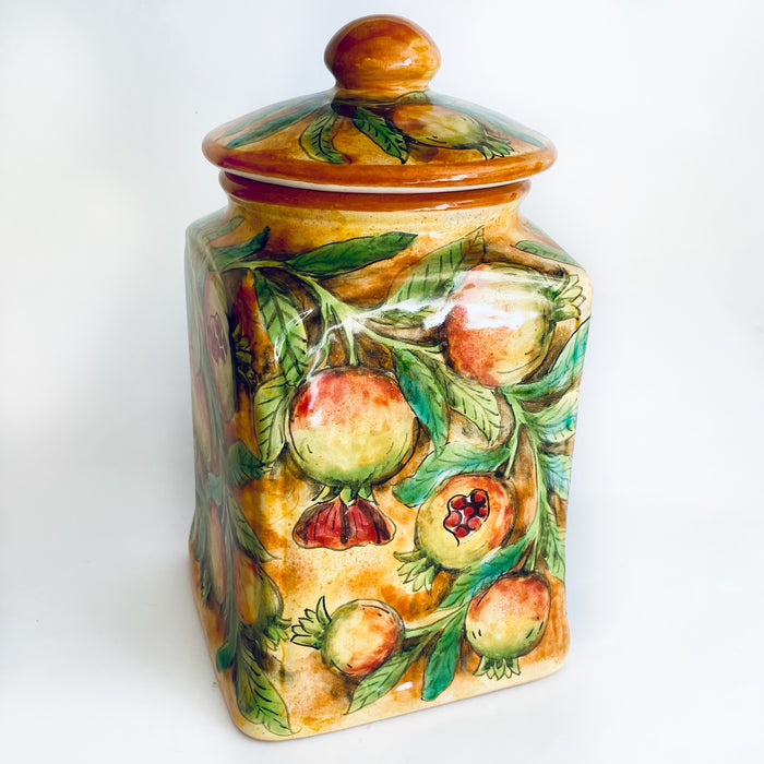 Hand-Painted Mayolica Cookie Jar - Yellow with Pomegranates