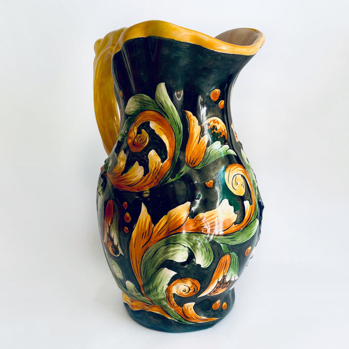Hand-Painted Mayolica Pitcher - Black with Floral Motifs
