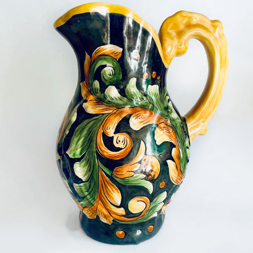 Hand-Painted Mayolica Pitcher - Black with Floral Motifs