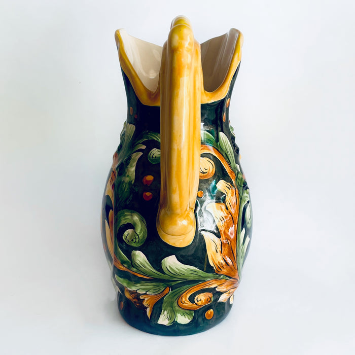 Hand-Painted Mayolica Pitcher - Black with Floral Motifs