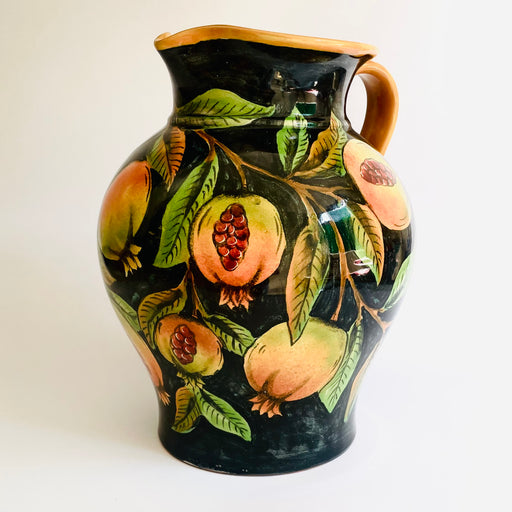 Hand-Painted Mayolica Pitcher - Black with Pomegranates
