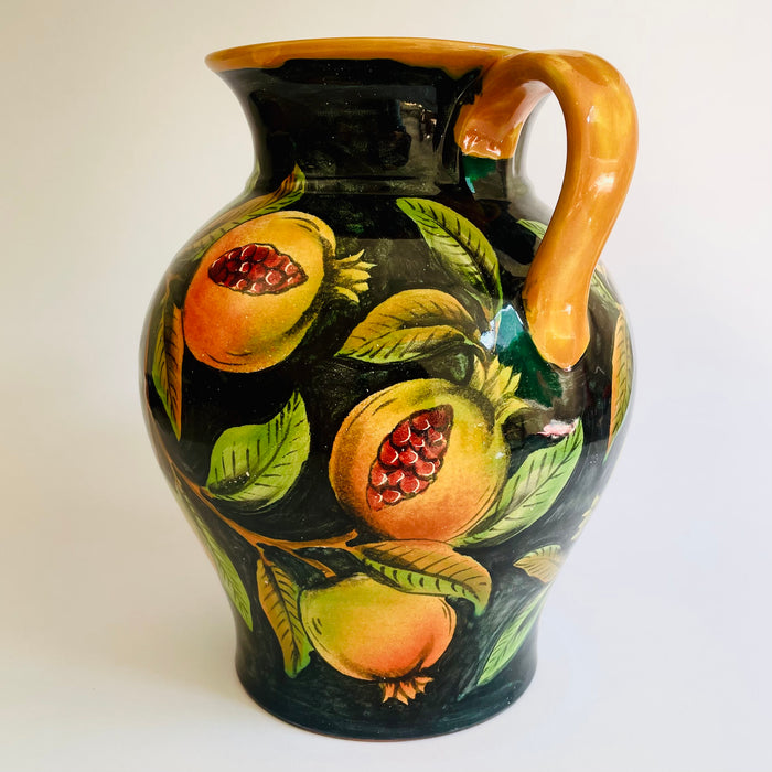 Hand-Painted Mayolica Pitcher - Black with Pomegranates