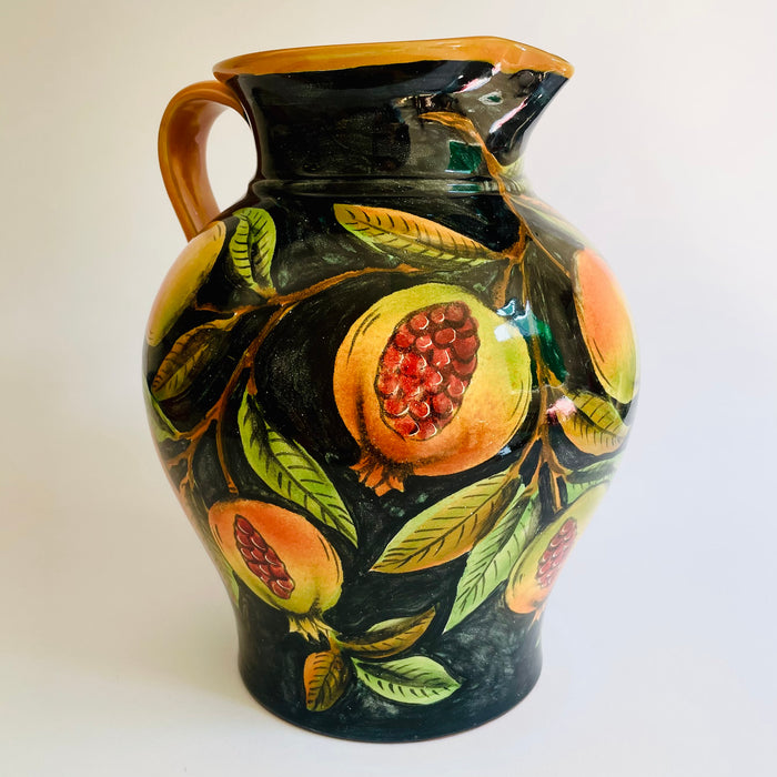 Hand-Painted Mayolica Pitcher - Black with Pomegranates