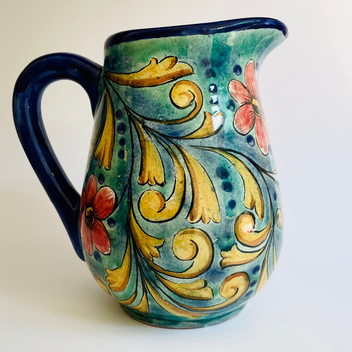 Hand-Painted Mayolica Tear Shaped Pitcher - Blue with Flowers