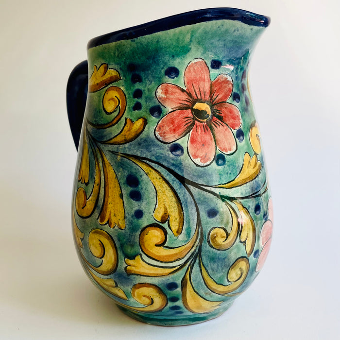 Hand-Painted Mayolica Tear Shaped Pitcher - Blue with Flowers
