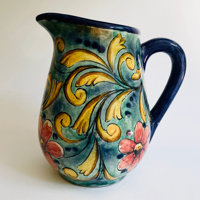 Hand-Painted Mayolica Tear Shaped Pitcher - Blue with Flowers