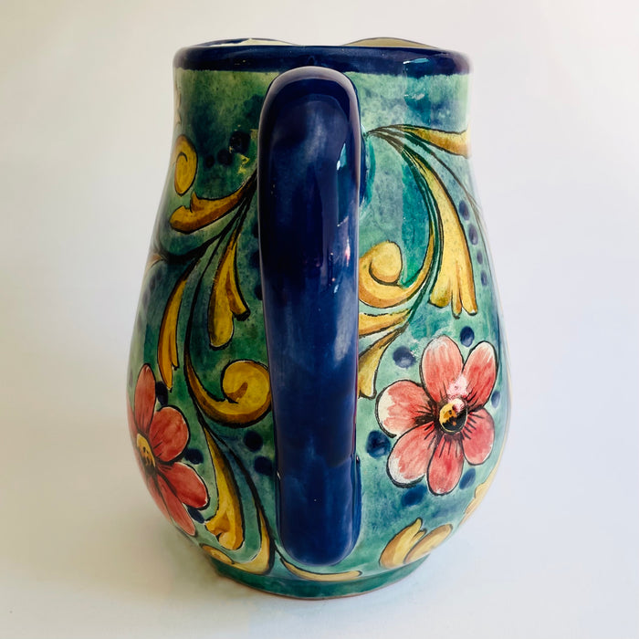 Hand-Painted Mayolica Tear Shaped Pitcher - Blue with Flowers