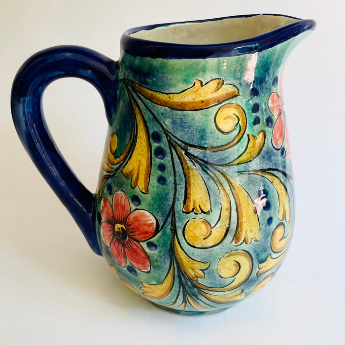 Hand-Painted Mayolica Tear Shaped Pitcher - Blue with Flowers