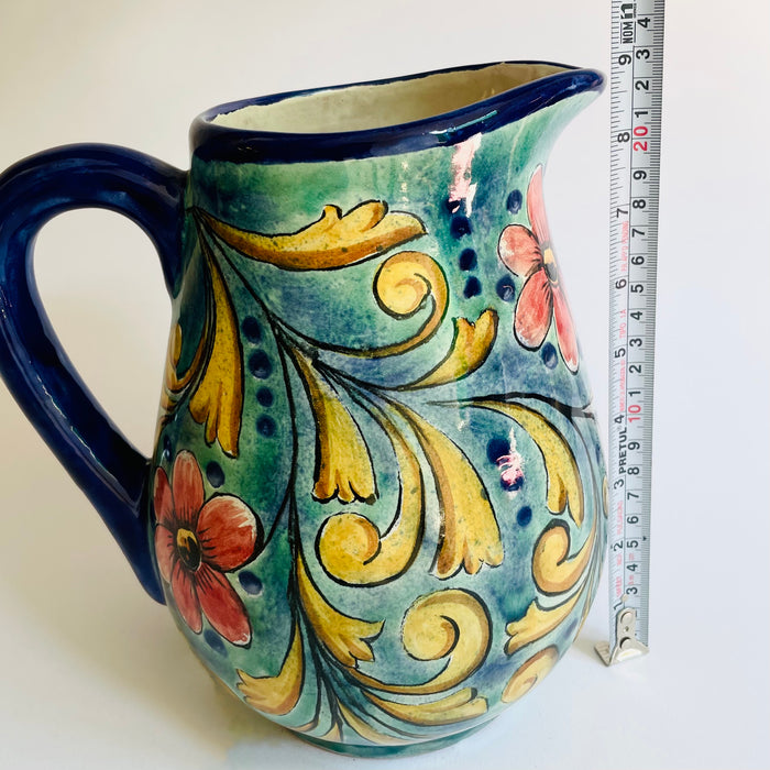 Hand-Painted Mayolica Tear Shaped Pitcher - Blue with Flowers