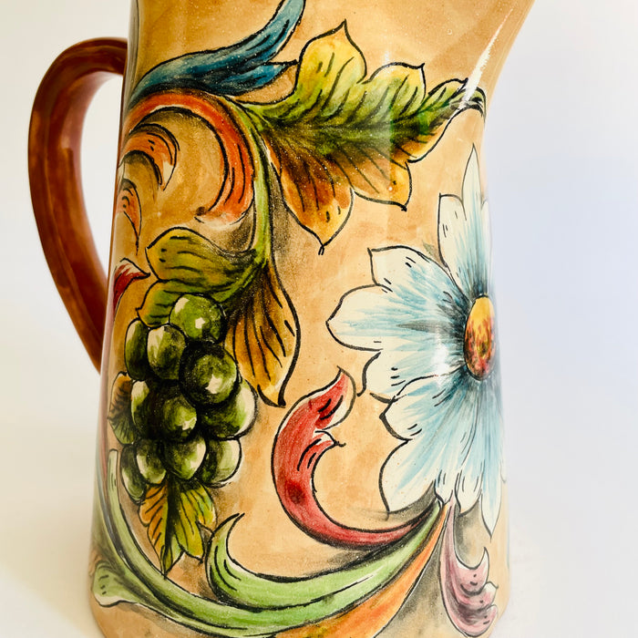 Hand-Painted Mayolica Pitcher - Beige with Grapes