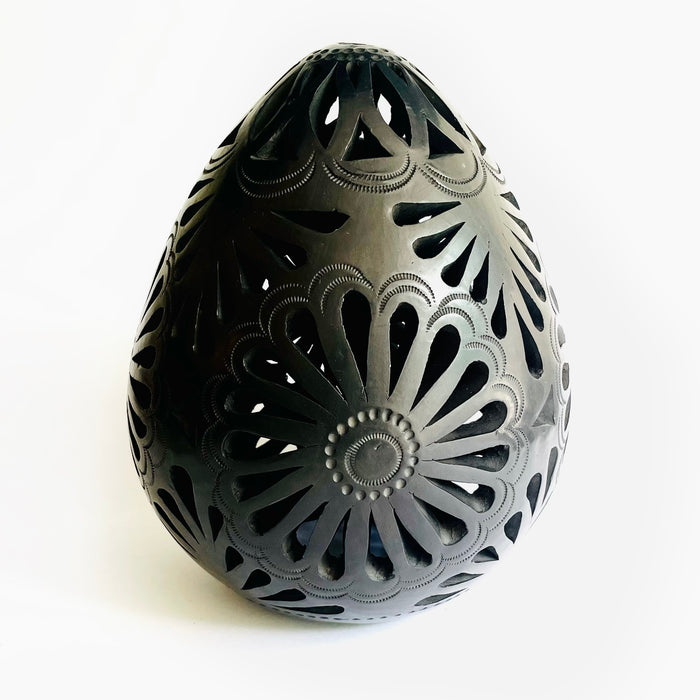 Black Clay Carved Candelholder - Egg Shaped - Large