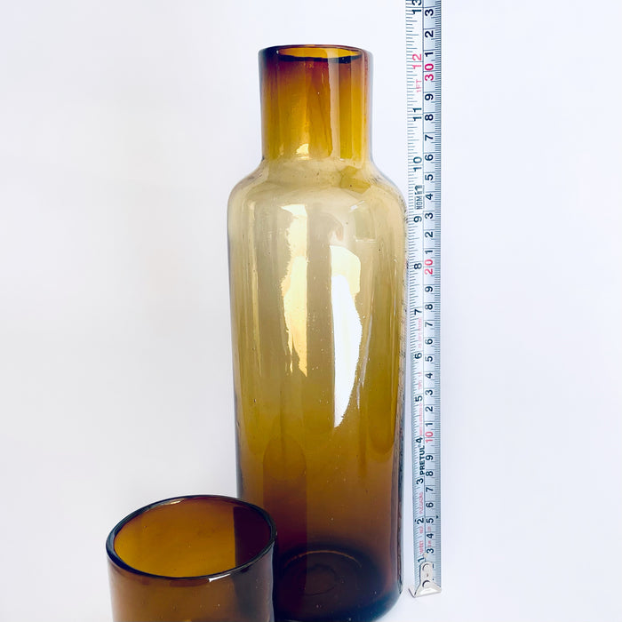 Blown Glass Water Carafe & Glass - Large - Cylindrical - Amber