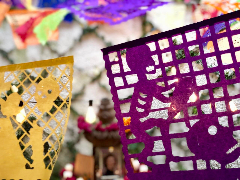 Mexico 1492: Garland of 10 banners of papel picado on a 5m (16ft) long string, with Día de Muertos (Day of the Dead) theme. Each garland carries 10 different colors and designs with the same Day of the Dead theme: skeletons carrying coffin, dancing, riding a horse or a bike, as mariachi, with cake, on a wedding, at the altar… A magnificent, colorful, so typical ornament that may be one of the most recognizable Mexican symbols today, was created and still handmade in the state of Puebla.