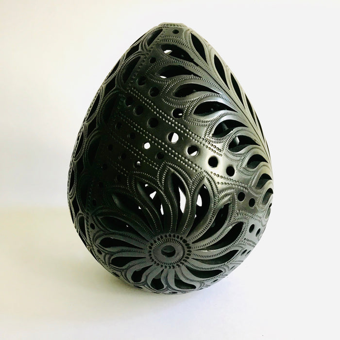 Black Clay Carved Candelholder - Egg Shaped - Large