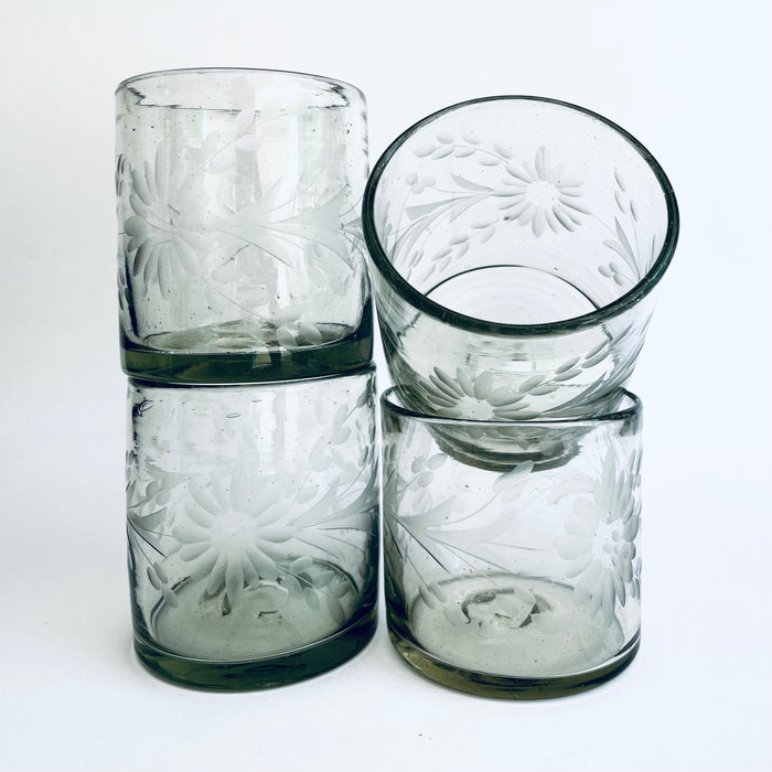 Blown Glass Cylindrical Tumblers - Etched