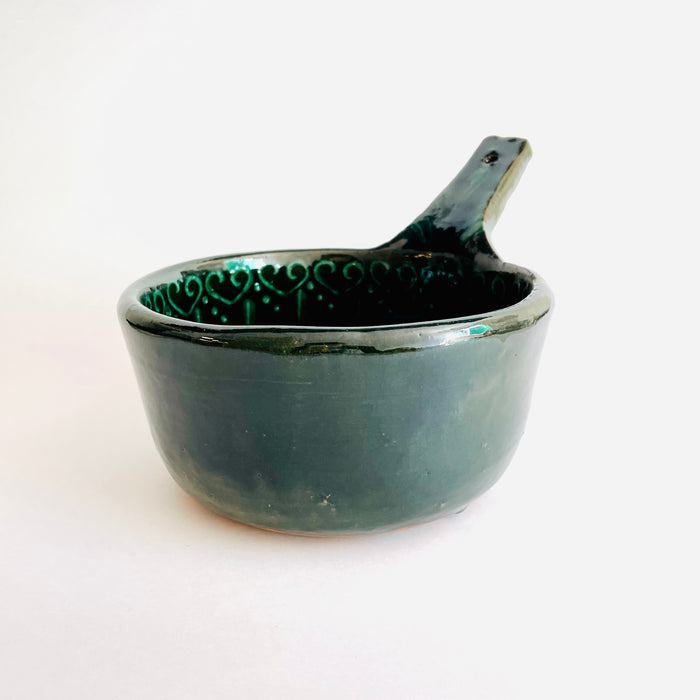 Hand-Painted and Glazed Pot with Handle - Cazuela Sartén - Green