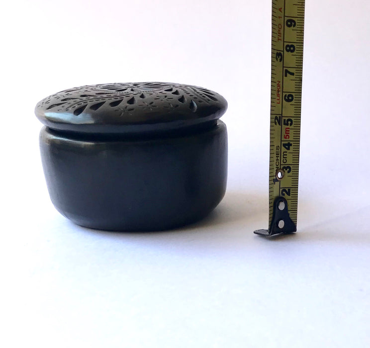 Mexico 1492 - round black clay sugar bowls with carved lids. Hand made and carved in Oaxaca. 