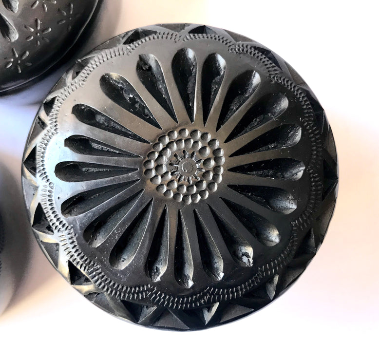 Mexico 1492 - round black clay sugar bowls with carved lids. Hand made and carved in Oaxaca. 