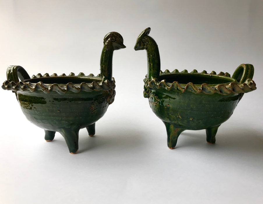 Mexico 1492: Whimsical bird-shaped salsa bowls, with ornaments like flowers or fruit. Made of clay, then bathed in spectacular, world-famous, lead-free green glaze.  With the new, lead-free technique for glazing, we can safely enjoy these beauties today as both decorative and utilitarian pieces. Great for serving salsa, appetizers, dips, marmalade, salt and spices.