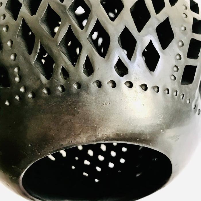 Black Clay Carved Candelholder - Egg Shaped - Large