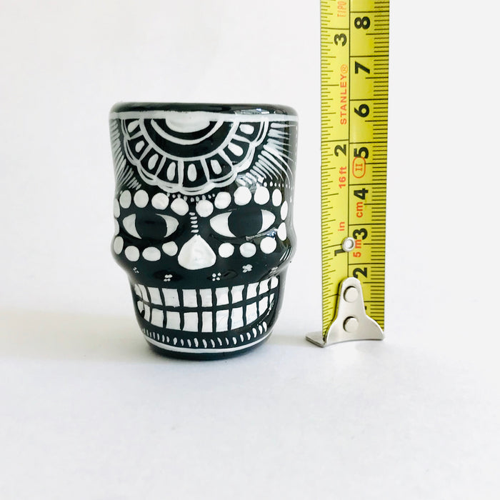 Black Hand-Painted and Glazed Calavera Tequila/Mezcal Shot Glass