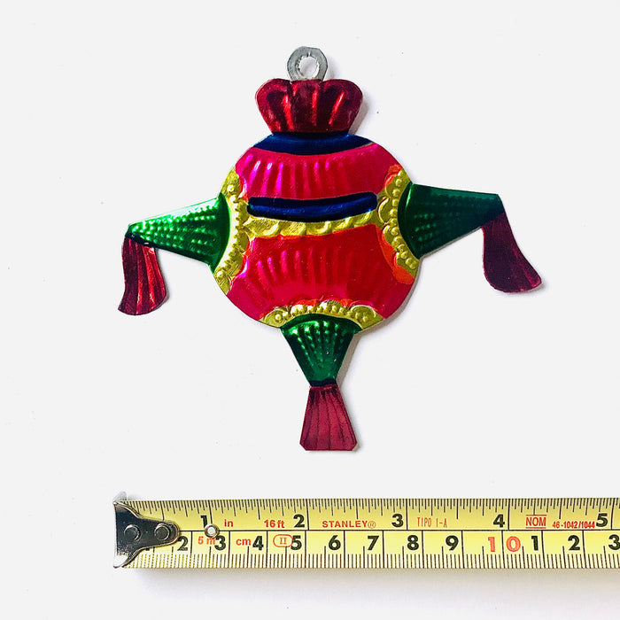 Mexico 1492 - A gorgeous example of Mexican folk art: piñata Christmas tree ornament made of tinplate. Handmade by Oaxacan artisans, using the repujado (embossing) technique, and painted on both sides. 