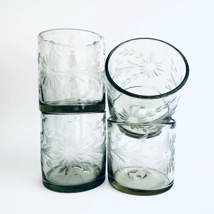 Blown Glass Cylindrical Tumblers - Etched