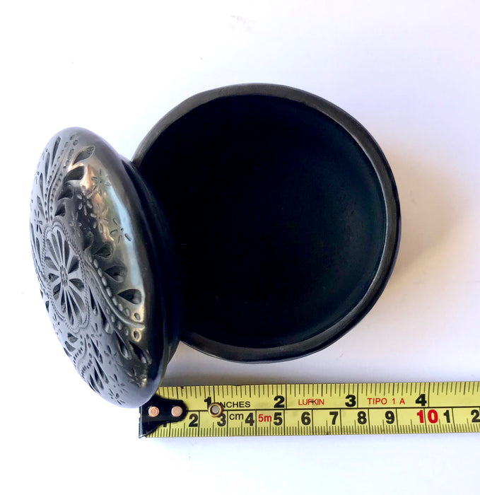 Mexico 1492 - round black clay sugar bowls with carved lids. Hand made and carved in Oaxaca. 
