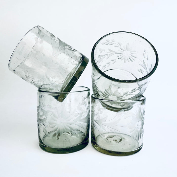 Blown Glass Cylindrical Tumblers - Etched