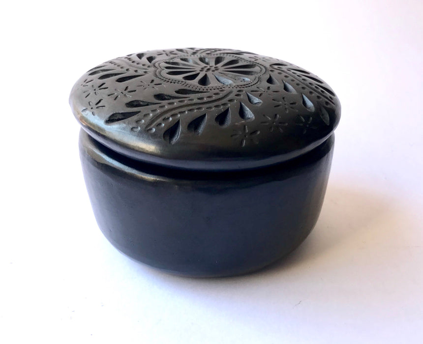 Mexico 1492 - round black clay sugar bowls with carved lids. Hand made and carved in Oaxaca. 
