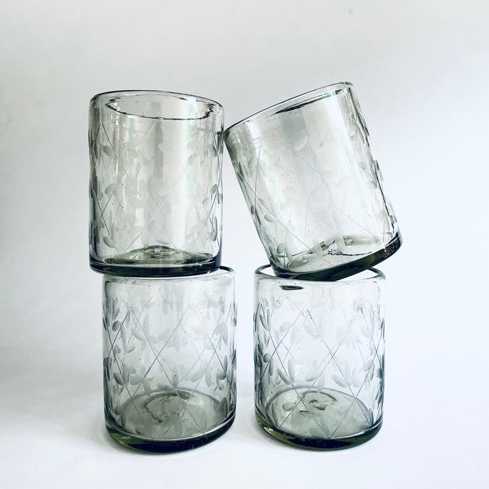 Blown Glass Cylindrical Tumblers - Etched