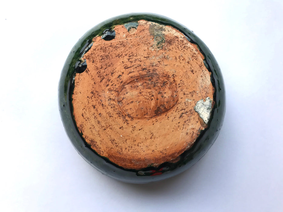 Mexico 1492: Green glazed clay bowl, ideal for cereal, soup, or as a serving dish for dips, salsas, chips and similar.  With the new, lead-free technique for glazing, we can safely enjoy these beauties today as utilitarian pieces in the kitchen.