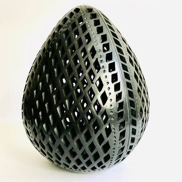 Black Clay Carved Candelholder - Egg Shaped - Large